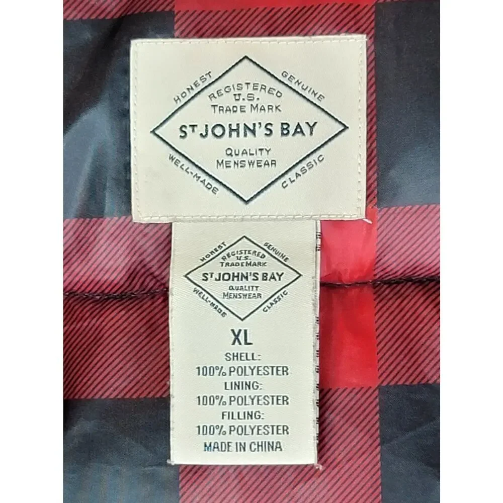 VTG Black ST JOHN'S BAY Zip Front Puffer Vest Red Buffalo Plaid Lining Men's XL